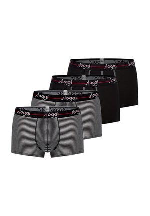 Four men's boxer briefs in black and black with white vertical stripes, featuring black waistbands with the brand name "sloggi" in white and red accents.