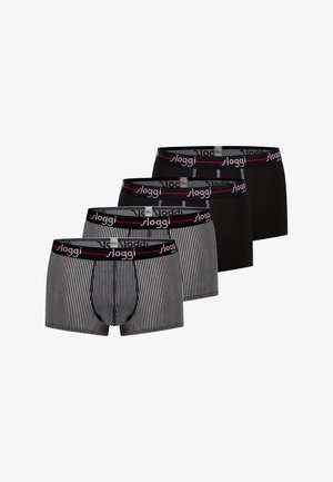 Four men's boxer briefs in black and black with white vertical stripes, featuring black waistbands with the brand name "sloggi" in white and red accents.