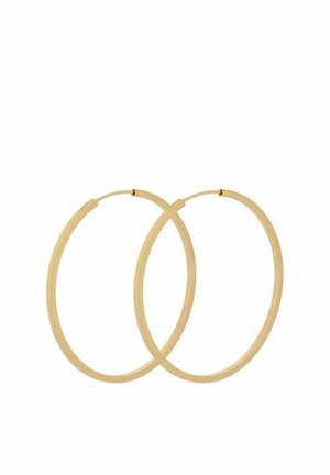 Par tynde, runde øreringe i guld med glat overflade og hængslet lukning på en hvid baggrund.