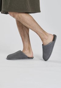 Pantofole in suede grigio con una morbida fodera in pelliccia, design con apertura posteriore e suola piatta. Le pantofole presentano una punta arrotondata e dettagli di cucitura semplici.