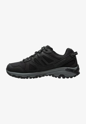 Black hiking shoes made of durable synthetic material, featuring a textured upper, lace-up closure, and rugged outsole for traction.