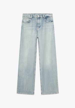 Světle modré džíny se širokými nohavicemi, s předním zapínáním na knoflíky, zipem a pětiporovým stylem, s jemnými vybledlými detaily na stehnech.