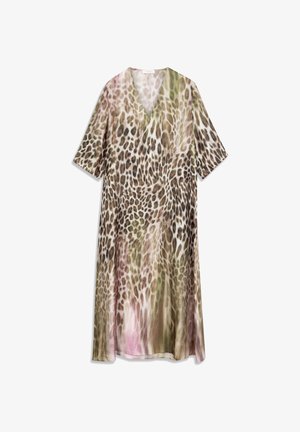 Vestido con estampado de leopardo, cuello en V, mangas cortas, silueta fluida, en tonos marrón, verde y rosa, confeccionado con tela ligera.