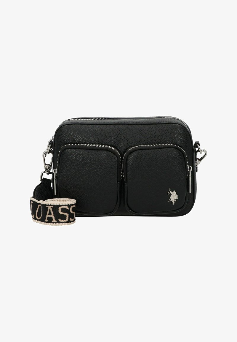 Sac bandoulière en cuir noir avec deux poches zippées à l'avant, ferrures argentées et une sangle tissée portant le mot "LOASS". Texture lisse.