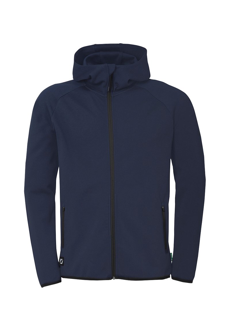 Veste zippée navy avec capuche, en matière douce, dotée de deux poches latérales et d'un détail de fermeture éclair noir contrastant.