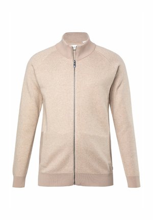 Beige zip-up jacket with a high collar, made of soft fabric, featuring raglan sleeves and ribbed cuffs and hem. No visible patterns or logos.