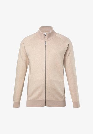 Beige zip-up jakke med høj krave, lavet af blødt stof, med raglanærmer og ribkanten på ærmerne og i bunden. Ingen synlige mønstre eller logoer.