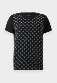 T-shirt nero a maniche corte con motivo diagonale di piccoli loghi bianchi interconnessi sul davanti e maniche unite.