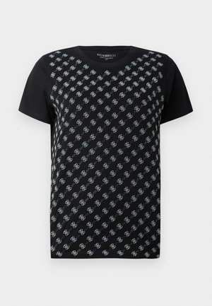 Schwarzes Kurzarm-T-Shirt mit diagonalen Mustern aus kleinen weißen ineinander greifenden Logos auf der Vorderseite und einfarbigen Ärmeln.