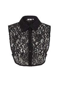 Must mustrippkle pindiga musta pitsist pealikuga, nööpidega eest ja lillemustriga. Läbipaistev kangas, millel on sakilise servaga äär.