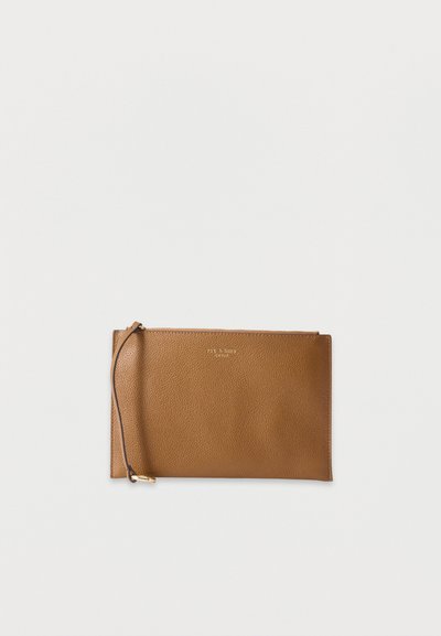 Καφέ φθορίζον δερμάτινο πορτοφόλι καρπού με χρυστό φερμουάρ και μικρή χρυσή λεπτομέρεια λογότυπου στο κέντρο μπροστά.