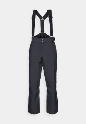 Black waterproof ski pants with adjustable suspenders, wide legs, two front pockets, and reinforced cuffs for durability.