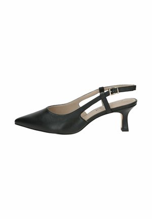 Must musta slingback-kinnastega kontsaga kingad terava ninaga, väikese kanna ja lõigatud külgedega detailidega. Sile tekstuur ja minimaalsed kaunistused.
