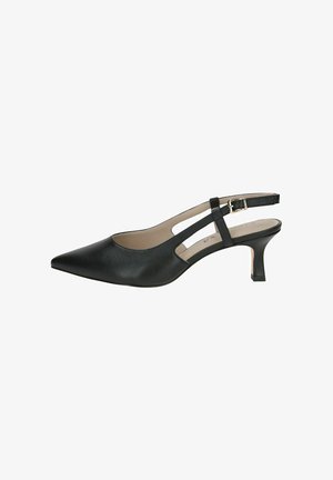 Pantofi slingback din piele neagră, cu vârf ascuțit, toc mic și detalii cu tăieturi pe lateral. Textură netedă și minimalism în decorațiuni.