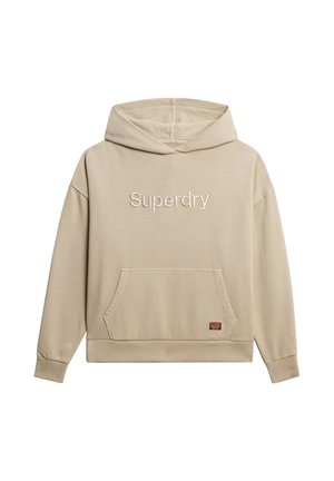 Beige hoodie gemaakt van een zachte katoenen mix. Beschikt over een voorzak, geribde manchetten en een geborduurd "Superdry" logo op de borst.