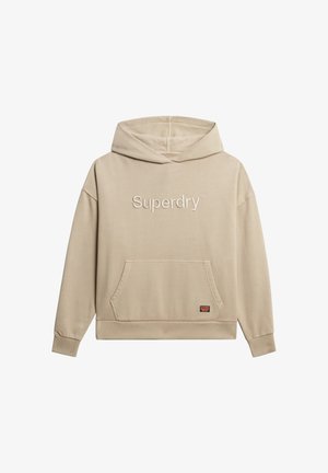 Beige hoodie gemaakt van een zachte katoenen mix. Beschikt over een voorzak, geribde manchetten en een geborduurd "Superdry" logo op de borst.