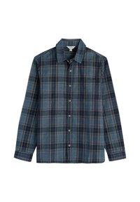 Langarm overhemd met blauw en marineblauw geruit patroon, kraag en één borstzak, plat weergegeven tegen een witte achtergrond.