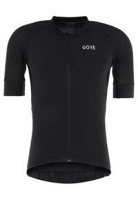 Jersey de ciclismo negro con mangas cortas, cierre de cremallera al frente y detalles de malla en la parte inferior. La tela parece suave y tiene un ajuste cómodo.