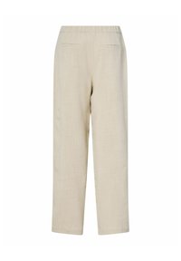 Světlé béžové kalhoty na míru s elastickým pasem, rovný střih nohavic a dvěma zadními kapsami. Hladká textura a minimalistický styl.