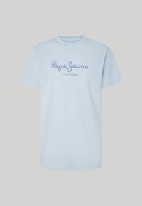 Světle modré bavlněné tričko s krátkými rukávy, kulatým výstřihem a potiskem loga "Pepe Jeans London" tmavě modré barvy přes hruď.