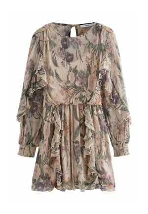 Robe fleurie à manches longues avec volants, poignets froncés et fermeture à bouton goutte d’eau dans le dos, dans des couleurs pastel douces.