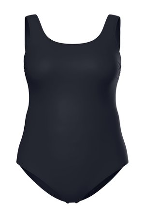 Schwarzer Einteiler mit breiten Trägern und einem Rundhalsausschnitt, entworfen für vollständige Bedeckung und Komfort.