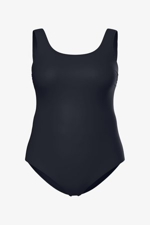 Zwart éénstuk badpak met brede schouderbanden en een ronde halslijn, ontworpen voor volledige bedekking en comfort.