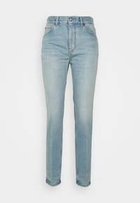 Ljust blå denimjeans med rak bendesign, hög midja, fyra fickor och knappstängning fram. Slät textur.