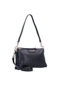 Borsa a mano in pelle nera con finitura a pietra, tracolla removibile e accessori in tonalità oro. Presenta una chiusura con zip e dettaglio del logo.