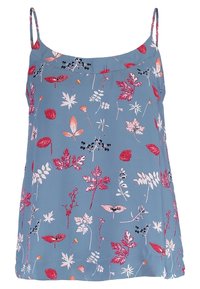 Blå ärmlös topp med ett blommönster i röd, rosa och vit. Tillverkad av lätt tyg med spagettiband och en avslappnad passform.