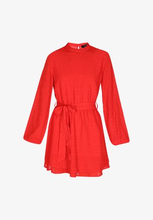 Red dress with long sleeves, textured fabric, high collar, and a tie belt at the waist. Hemline is above the knee.