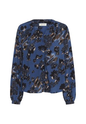 Blaue Bluse mit Knopfleiste, langen Ärmeln und einem abstrakten schwarzen und braunen Blumenmuster, mit einem runden Ausschnitt und gerafften Manschetten.