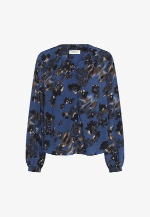 Zila pogca blūze ar garām piedurknēm un abstraktu melnu un brūnu ziedu rakstu, ar apaļu kakla izgriezumu un savāktām aprocēm.