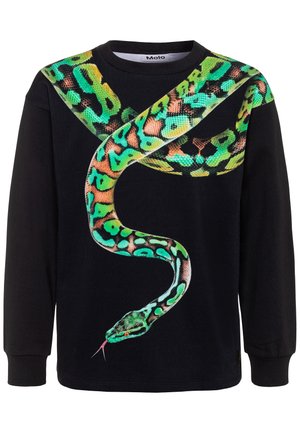 Zwarte sweatshirt met lange mouwen, voorzien van een levendige groene en oranje slangafbeelding op de borst, met ribgebreide manchetten en een ronde halslijn.