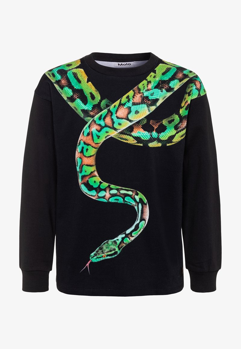 Sweat-shirt noir à manches longues mettant en avant un graphique d'un serpent vibrant vert et orange sur la poitrine, avec des poignets côtelés et un col rond.