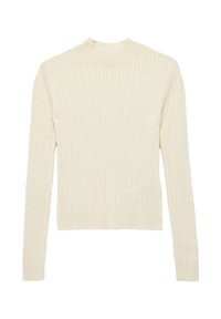 Cremefarbener Pullover mit geripptem Stoff, der einen hohen Kragen und lange Ärmel hat. Das Material wirkt weich und gestrickt.