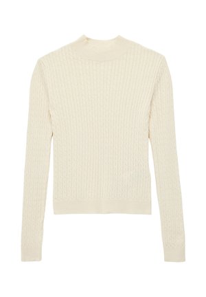 Kermanssia mallas, jossa on uritettu pinta, korkea kaula-aukko ja pitkät hihat. Materiaali näyttää pehmeältä ja neulotulta.