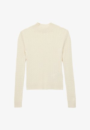 Pull couleur crème avec une texture côtelée, présentant un col montant et des manches longues. Le matériau semble doux et tricoté.