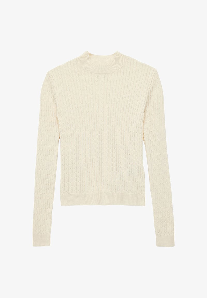 Cremefarbener Pullover mit geripptem Stoff, der einen hohen Kragen und lange Ärmel hat. Das Material wirkt weich und gestrickt.