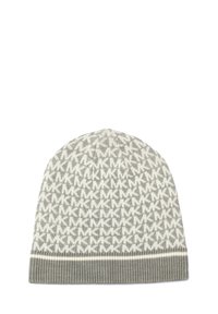 Gray knit beanie with repeated white "MK" logo pattern and ribbed cuff with a white stripe near the edge.