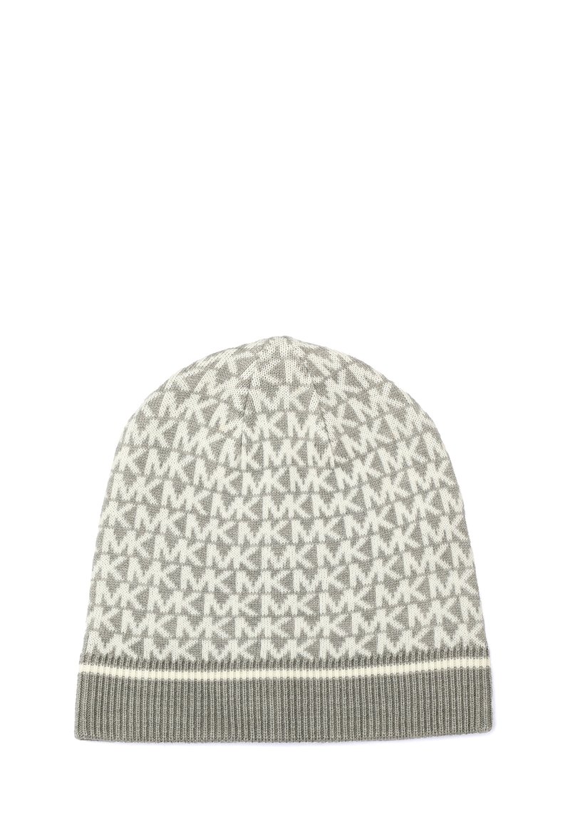 Gray knit beanie with repeated white "MK" logo pattern and ribbed cuff with a white stripe near the edge.
