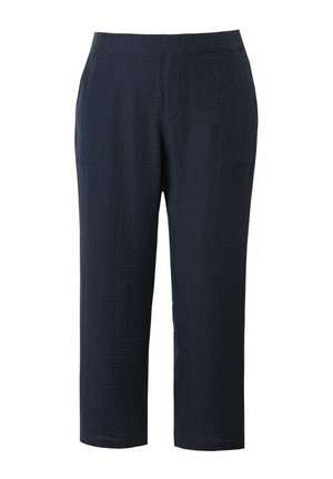 Marineblaue, strukturierte, knöchellange Hose mit flachem Bund und seitlichen Taschen. Weicher Stoff mit einem dezenten, zerknitterten Muster.