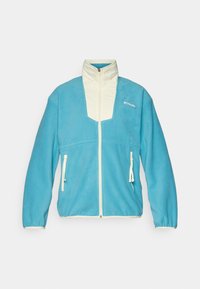 Veste en polaire bleue avec des accents crème, col haut, fermeture éclair complète et deux poches avant avec fermetures éclair. Logo sur la poitrine.