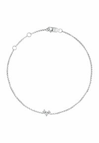 Pulsera de cadena de plata con un acento central en forma de estrella adornado con piedras preciosas transparentes, que presenta un diseño delicado y un acabado pulido.