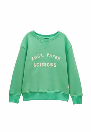 Mėtų spalvos džemperis su ribotomis rankogaliais ir apačia, priekyje esančiu kreminės spalvos užrašu „ROCK, PAPER SCISSORS“ puslankio formos išdėstyme.