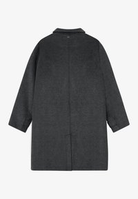 Manteau long en laine gris foncé avec une couture centrale à l'arrière et un col, présenté de dos sur fond blanc.