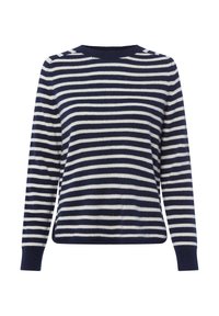 Gestreifter Pullover in Navyblau und Weiß, lange Ärmel, runder Ausschnitt, weiche Textur, gerippte Bündchen und Saum, lässige Passform.