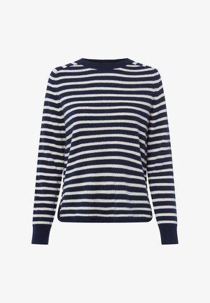 Gestreepte trui in marineblauw en wit, lange mouwen, ronde halslijn, zachte textuur, ribgebreide manchetten en zoom, casual pasvorm.
