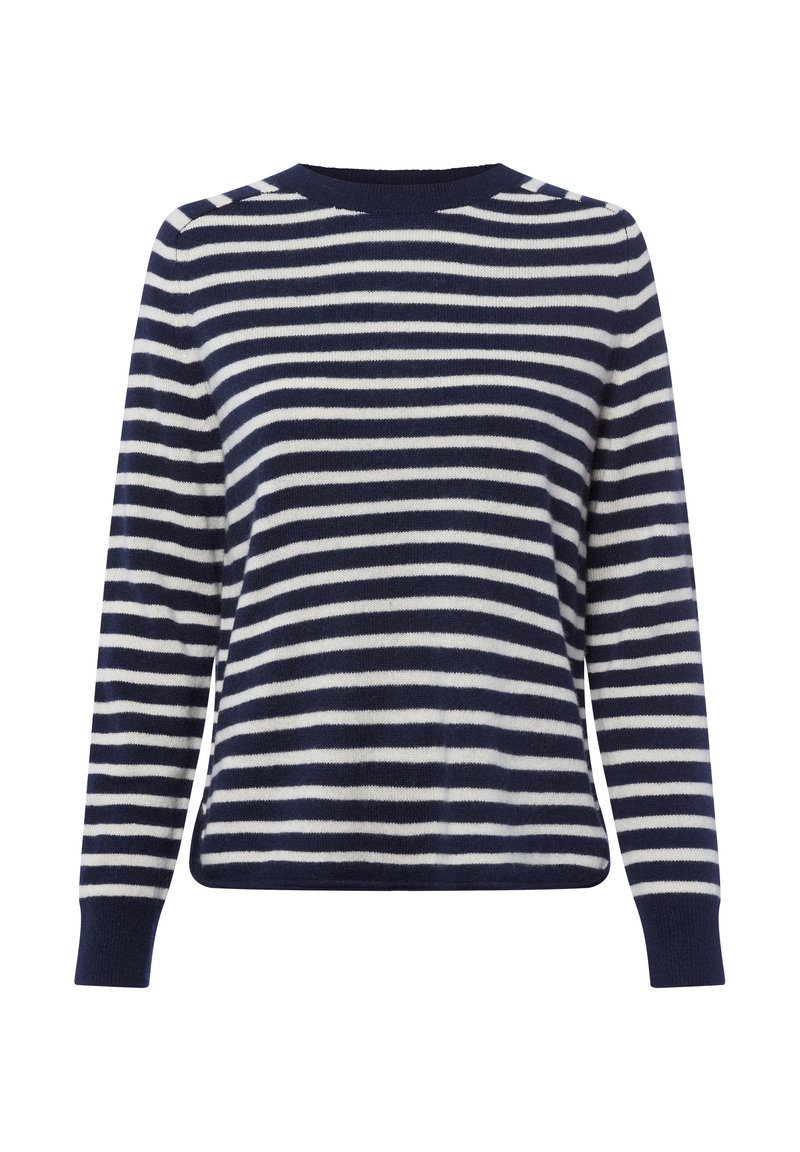 Gestreifter Pullover in Navyblau und Weiß, lange Ärmel, runder Ausschnitt, weiche Textur, gerippte Bündchen und Saum, lässige Passform.