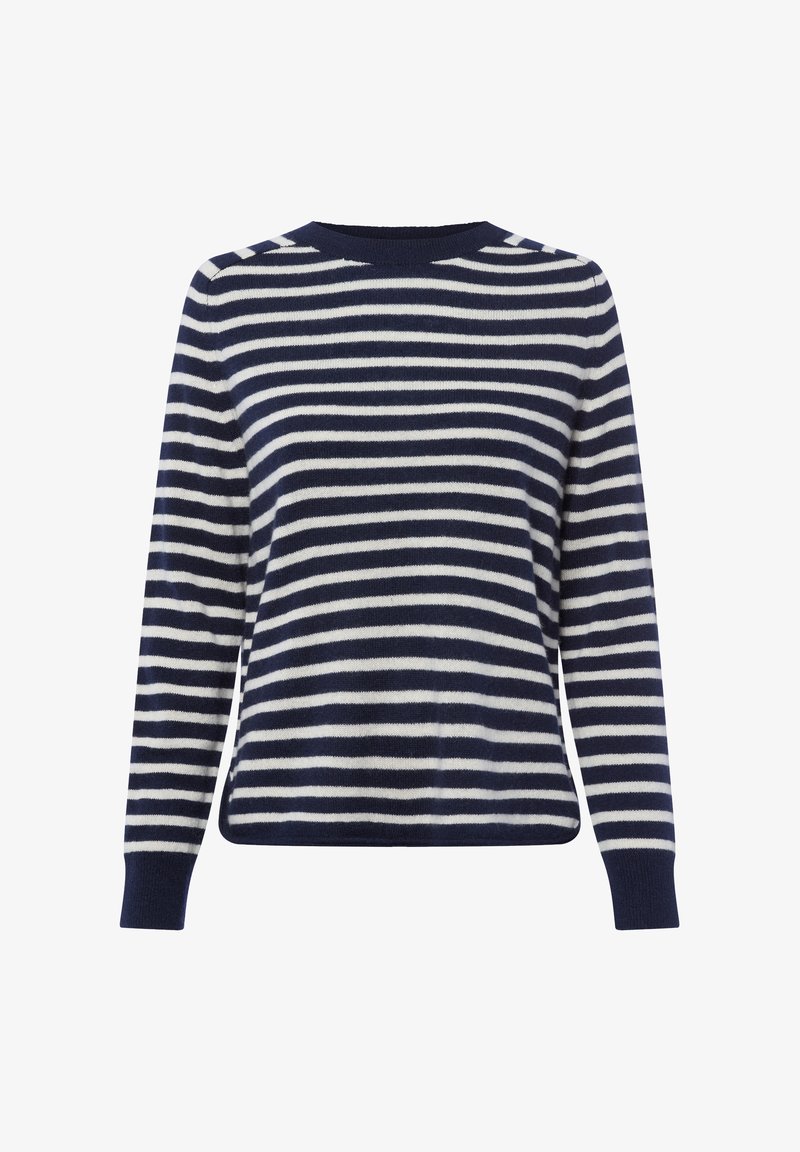 Sweter w paski w granatowo-białym kolorze, z długimi rękawami, okrągłym dekoltem, miękką strukturą, ściągaczami przy rękawach i u dołu, w luźnym fasonie.